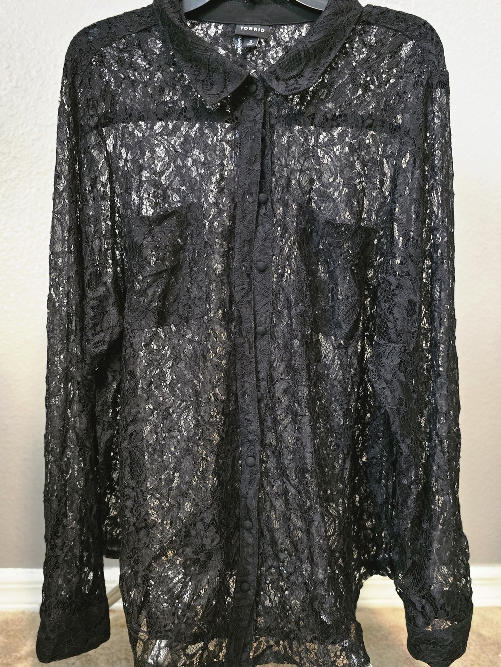 Torrid Size 3 Black Lace Button Down Blouse Sheer Long Sleeve